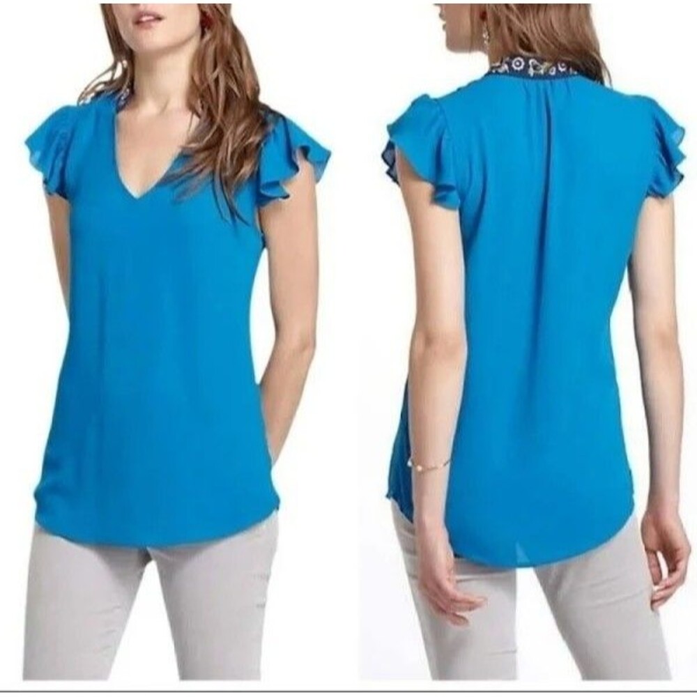 HD in Paris x Anthropologie Blue Flutter Sleeve Embroidered Collar Top Women's 8